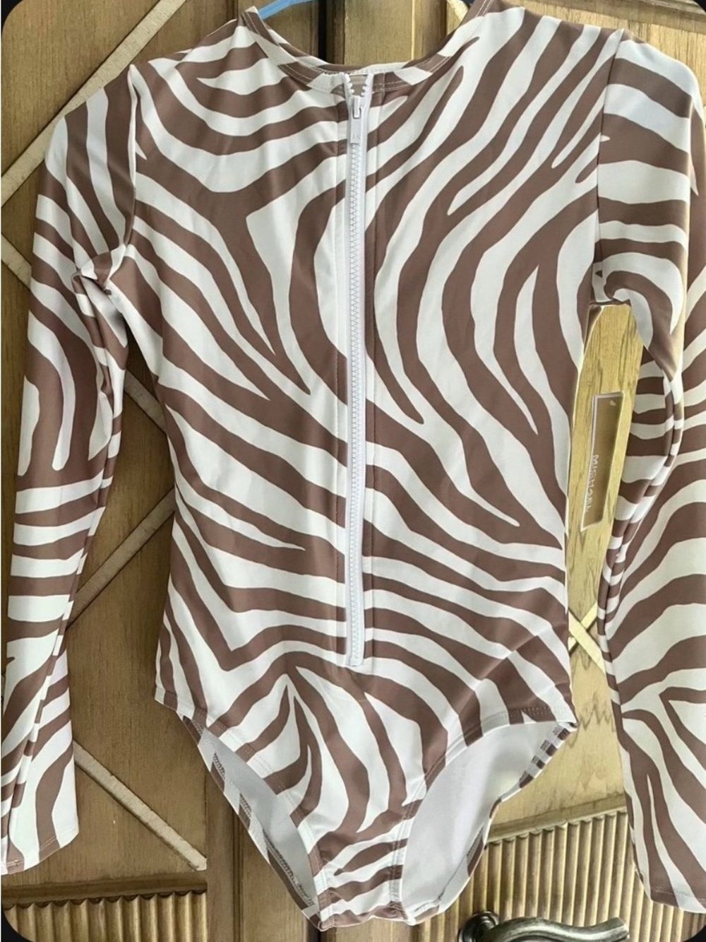 MICHAEL Michael Kors Brown and White Zebra-Print Long-Sleeve One-Piece